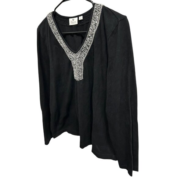 Chicos Black Long Sleeve Top With Silver Beaded V Neck Size Large - Picture 3 of 10
